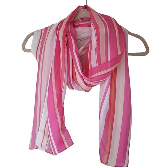 Calvin Klein Striped White Pink Chiffon Long Scarf - Picture 1 of 6